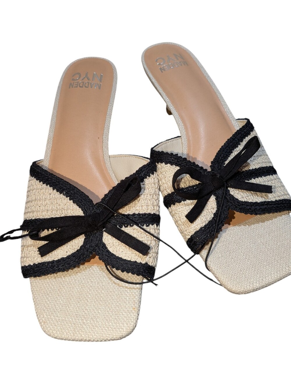 Madden NYC Tan And Black Sandals With Black Bow Kitten Heels Size 10 NWT